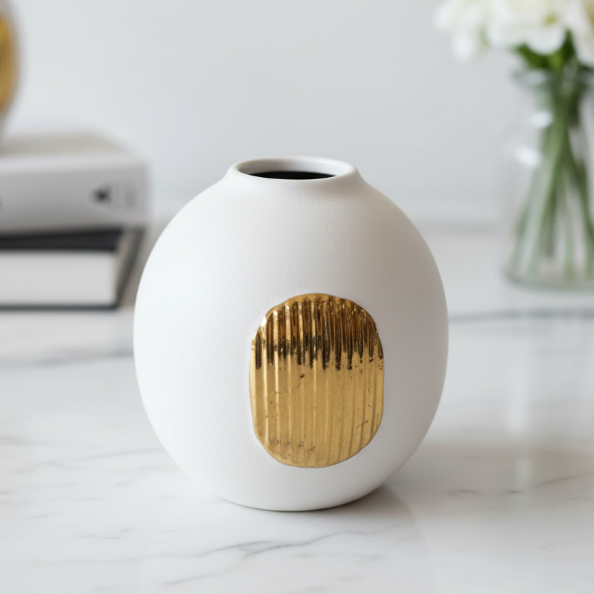 White vase with gold accent on a marble surface