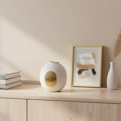 Decorative items on a wooden shelf with a neutral background