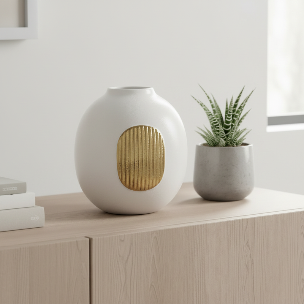 Whisper of Gold: White Ceramic Vase with Subtle Glimmer