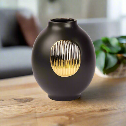 Midnight Aura: Black Ceramic Vase with Circular Gold Detail
