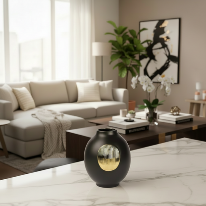 Black vase with gold accent on a wooden surface in a home setting
