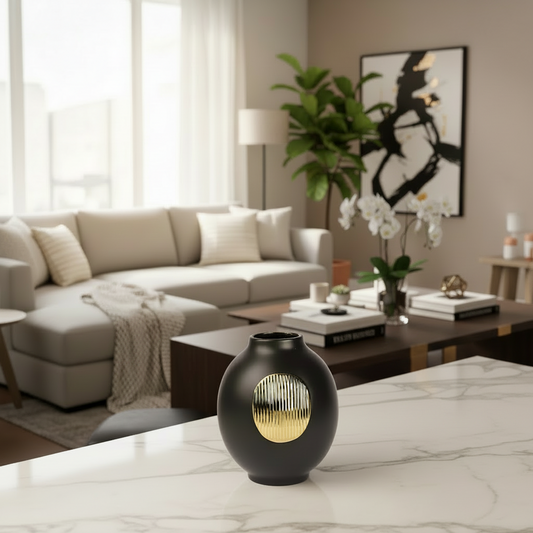 Black vase with gold accent on a wooden surface in a home setting