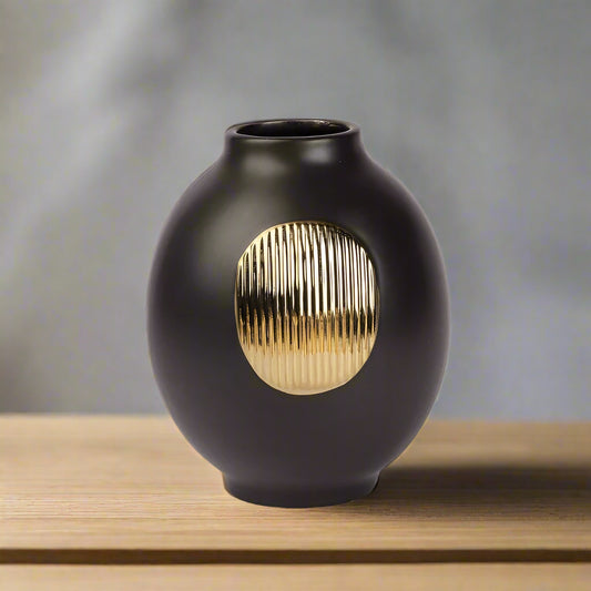 Midnight Aura: Black Ceramic Vase with Circular Gold Detail