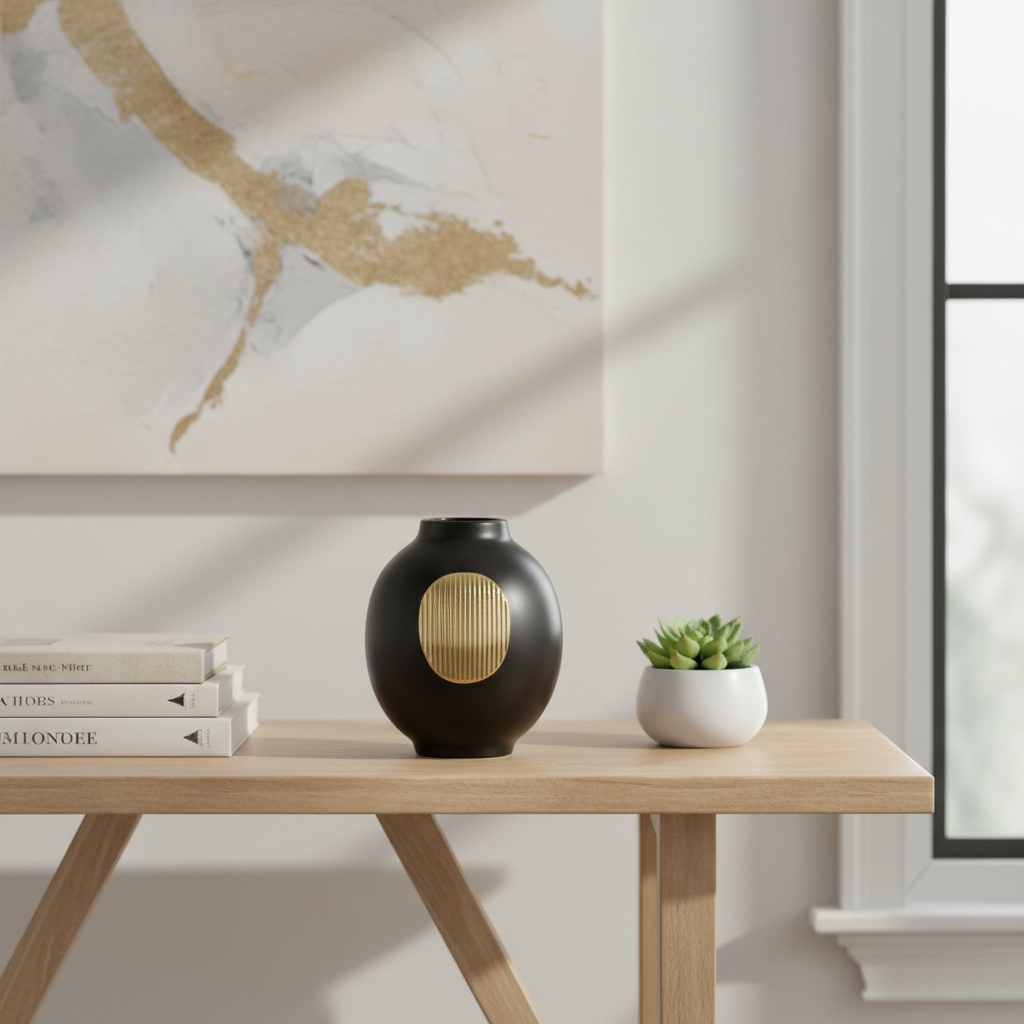 Decorative black vase with gold accents on a wooden table, with a map and books in the background.