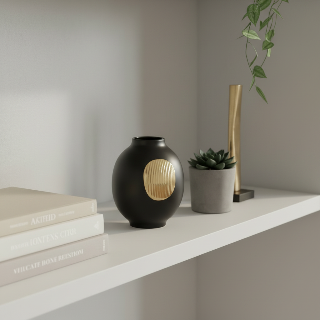 Decorative shelf with books, black vase, potted plant, and gold candle holder.