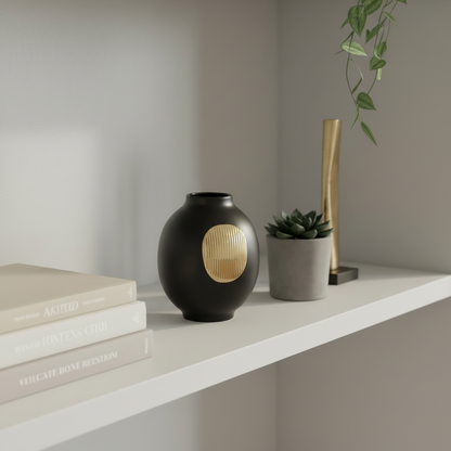 Decorative shelf with books, black vase, potted plant, and gold candle holder.