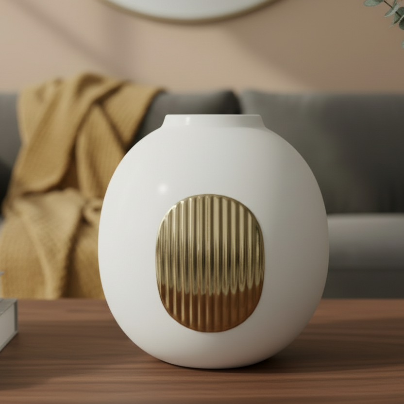 White and gold decorative object on a wooden surface with a blurred background