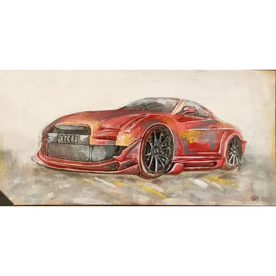 Velocity in Gold: Red Sports Car Art with Glimmering Accents