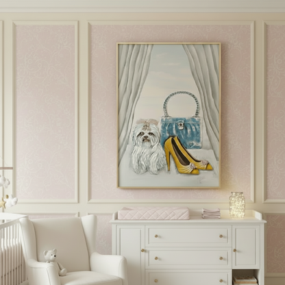 Framed artwork of a dog with a handbag and high heels on a wall in a stylish room.