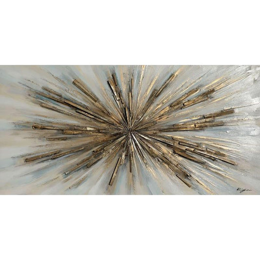 A textured abstract focal point artwork with dynamic, radiating lines in metallic tones of gold and bronze, creating a sense of energy and movement.