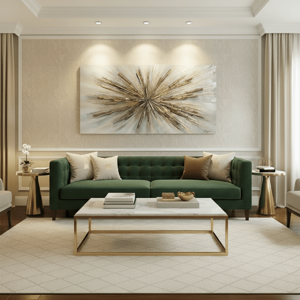 Modern living room with a green sofa, marble coffee table, and abstract wall art.