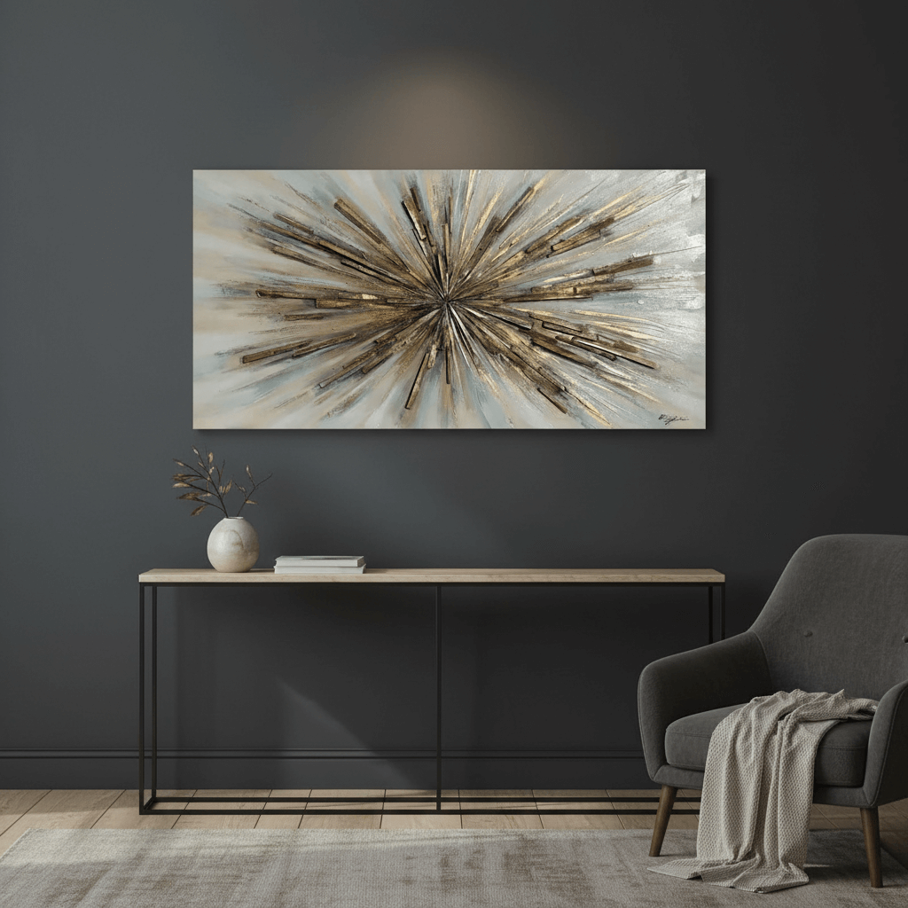 Abstract wall art above a console table in a living room setting.