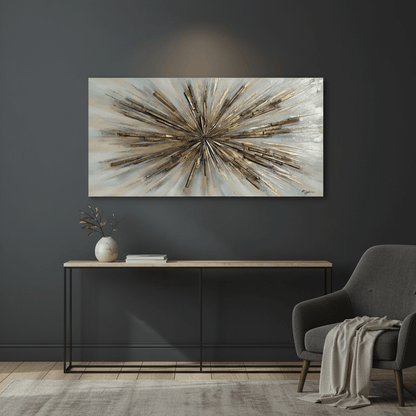 Abstract wall art above a console table in a living room setting.
