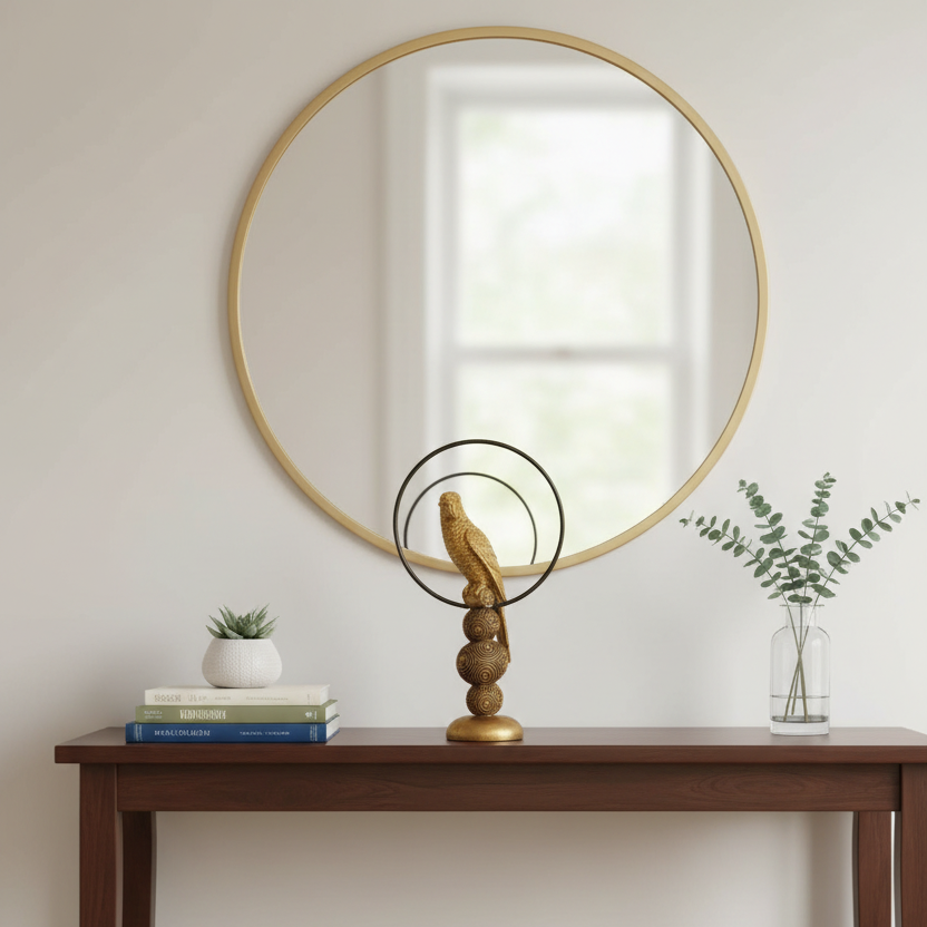 Wooden console table with decorative items against a white wall with a round mirror.