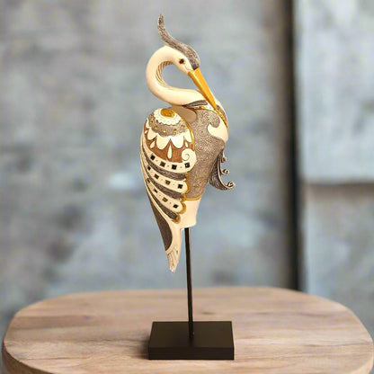 Avian Artistry: Ornate Heron Sculpture on Stand