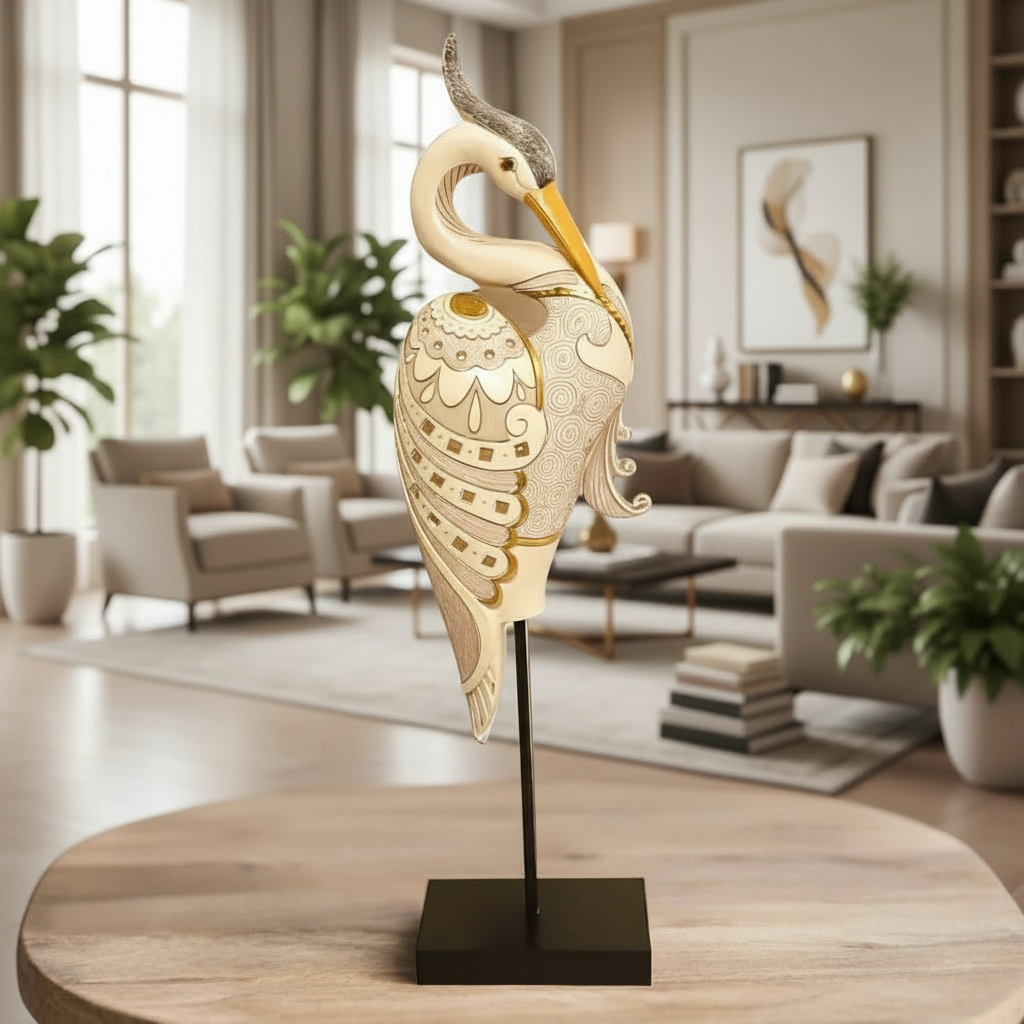 Decorative heron sculpture on a stand in a living room setting