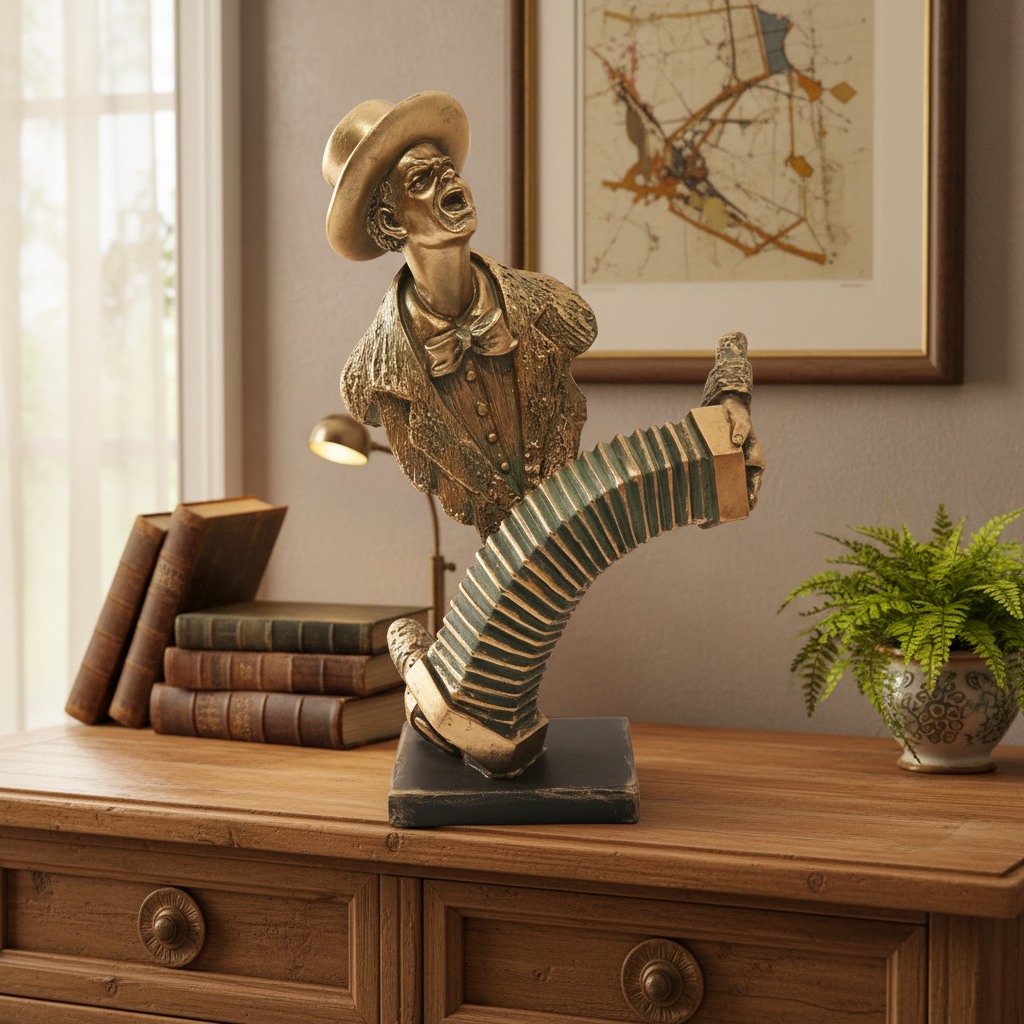 Bronze statue of a man in a hat and suit with one leg raised on a plain background