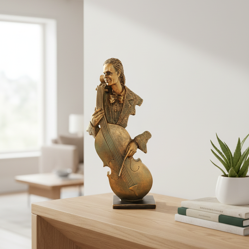 Bronze sculpture of a musician playing a double bass on a gray background