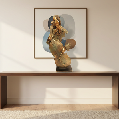 Bronze sculpture of a musician playing a double bass on a gray background