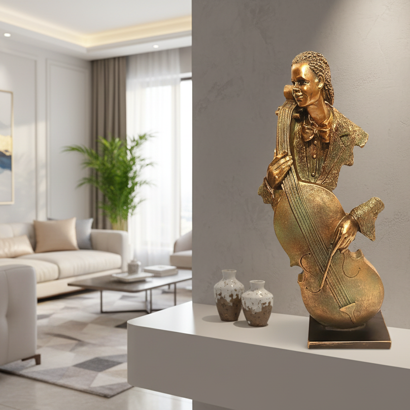 Bronze sculpture of a musician playing a double bass on a gray background