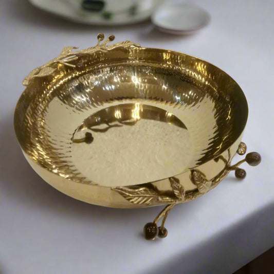 Golden Grove: Hand-Hammered Brass Decorative Bowl with Botanical Accents