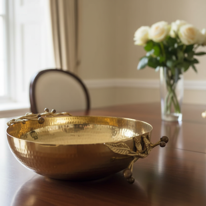 Gold decorative bowl on a wooden table with a vase of white roses in the background.