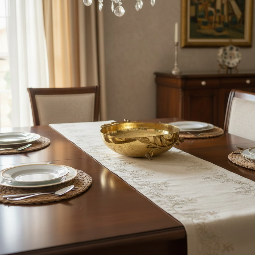 Dining table set with a gold bowl, plates, and cutlery in a room with curtains and a painting.