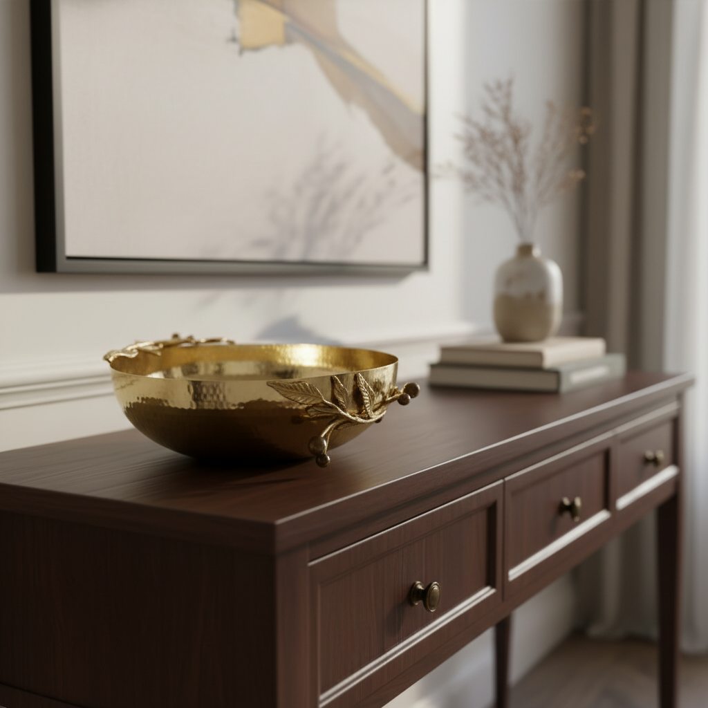 Gold decorative bowl on a wooden console table with a blurred background
