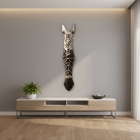 Decorative wall art with zebra pattern on a plain background