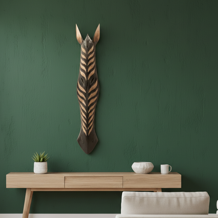 Wooden zebra head sculpture on a green wall above a wooden console table with decorative items.