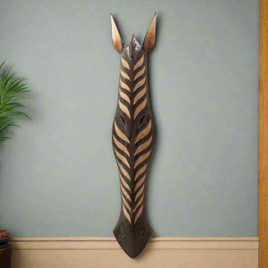 Rustic Hand-Carved Zebra Mask with Natural Wood Tones