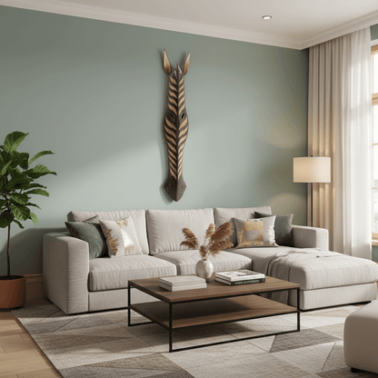 Wooden zebra head wall decoration on a light blue wall with a plant to the left.