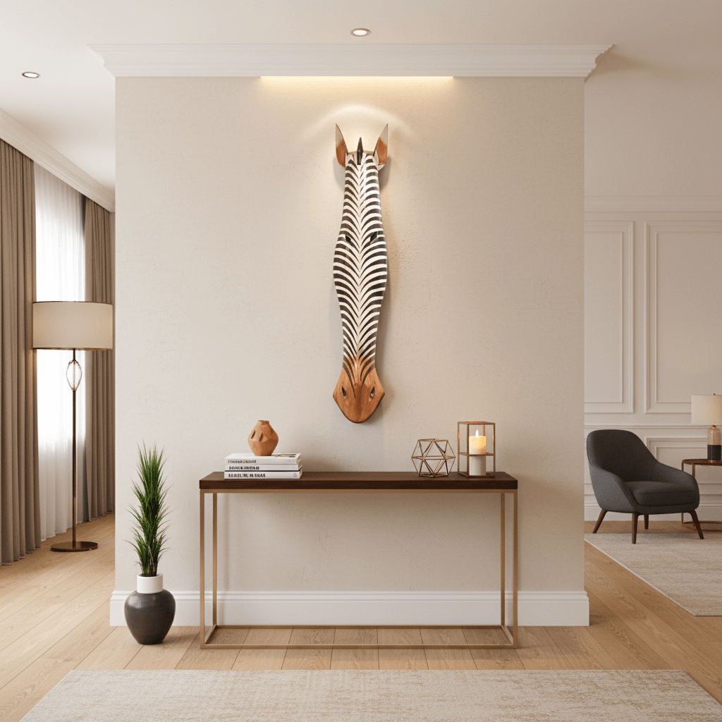 Modern interior with a zebra head wall decoration, console table, and chair.