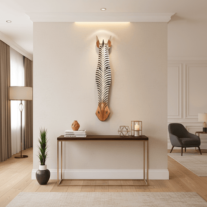 Modern interior with a zebra head wall decoration, console table, and chair.