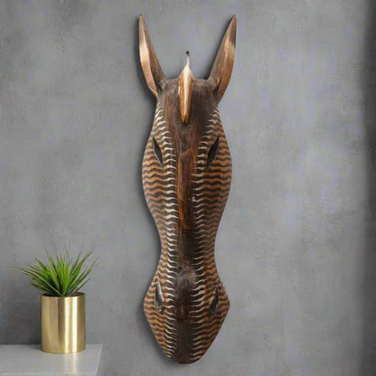 Earthy Toned Hand-Carved Zebra Mask with Wavy Stripes