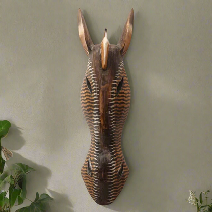 Earthy Toned Hand-Carved Zebra Mask with Wavy Stripes