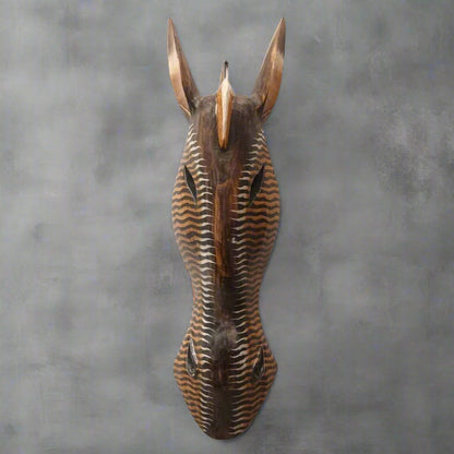 Earthy Toned Hand-Carved Zebra Mask with Wavy Stripes