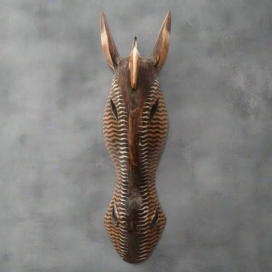 Earthy Toned Hand-Carved Zebra Mask with Wavy Stripes