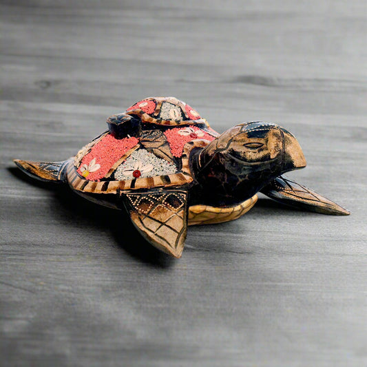 Mosaic Shell Wonder: Hand-Carved Wooden Turtle with Inlay (Small)