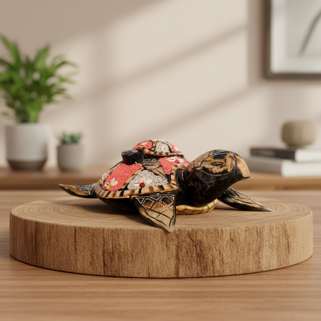 Decorative turtle sculpture on a wooden surface