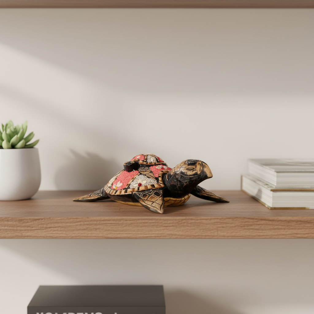 Decorative turtle sculpture on a wooden surface