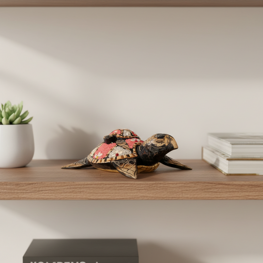 Decorative turtle sculpture on a wooden surface