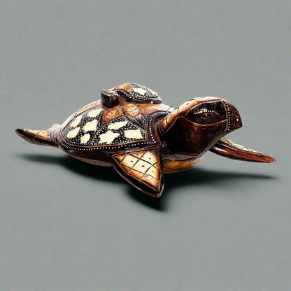 Artisanal Wood Turtle: Hand-Carved Decor with Intricate Shell Inlay