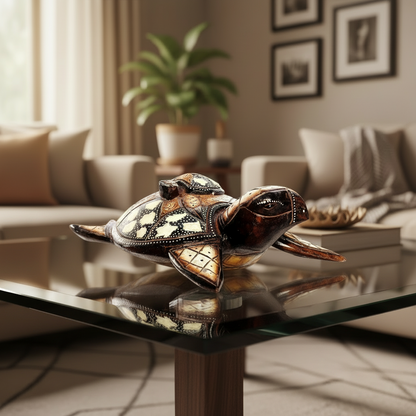 Decorative turtle figurine on a gray background