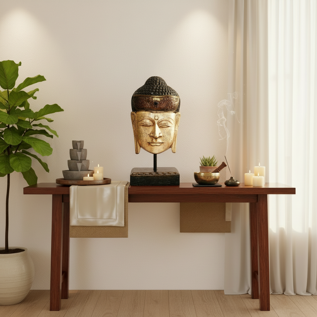Buddha head statue on a wooden table with candles and plants in a room.