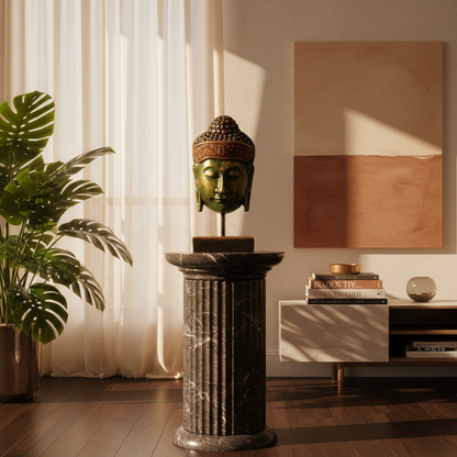 Decorative Buddha head on a pedestal in a room with plants and a painting.