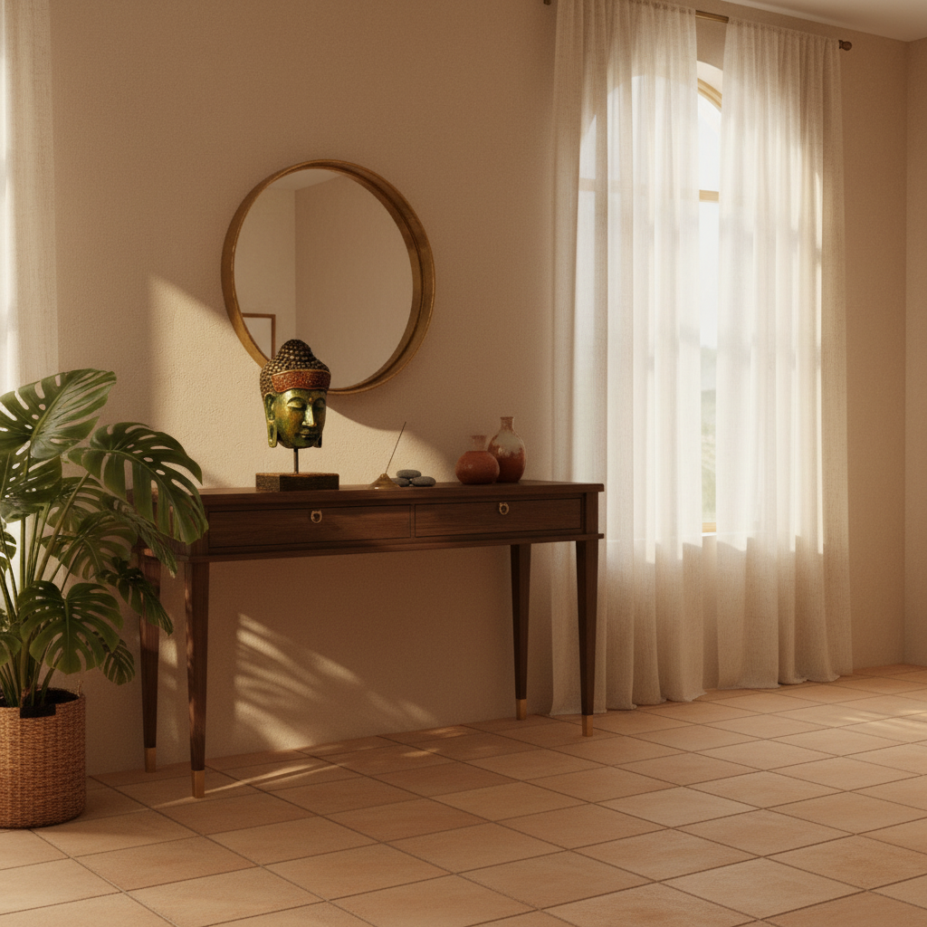 Room interior with a wooden console table, round mirror, and decorative items.