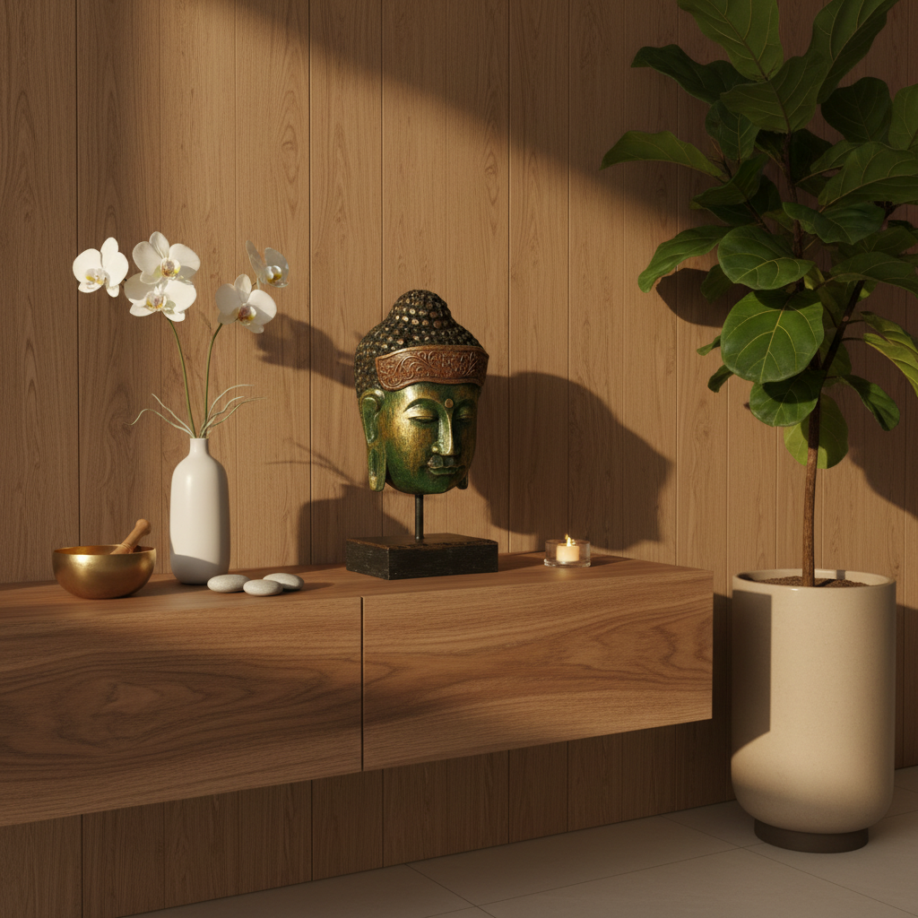 Decorative setup with a Buddha head sculpture, white orchids, and a potted plant on a wooden surface.