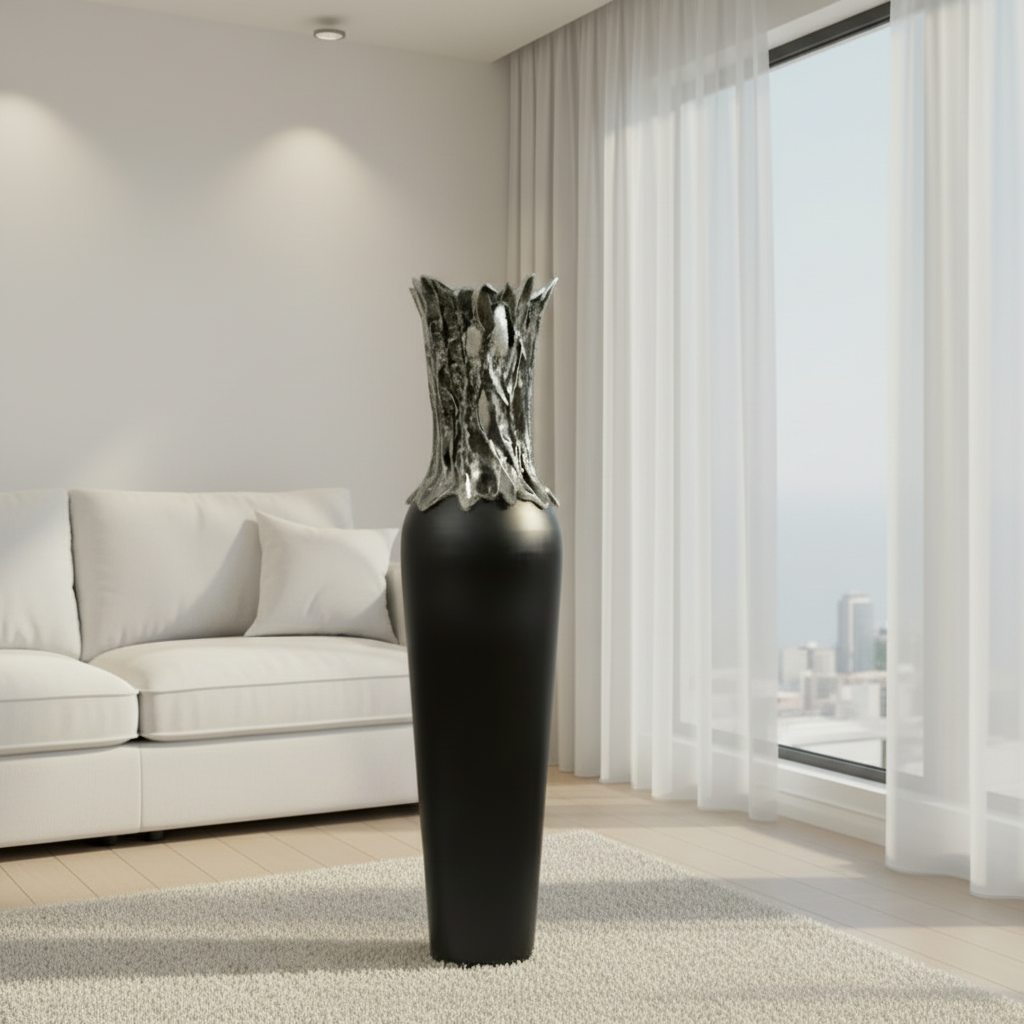 Black floor vase with decorative top in a living room setting