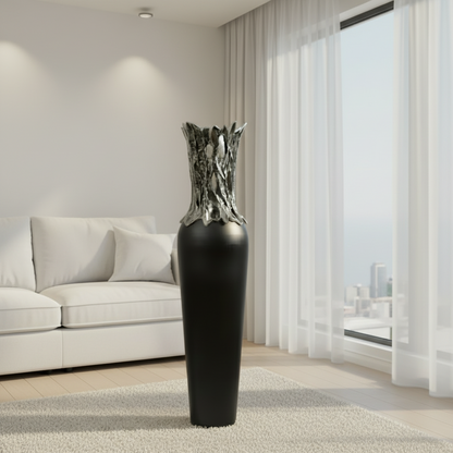 Black floor vase with decorative top in a living room setting
